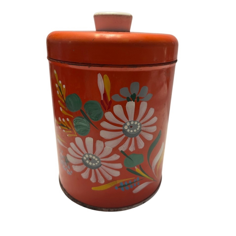 Vtg Handpainted Orange Metal Canister Ransburg 5.25"